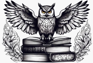 agressive owl on top of human skull, open wings, skull stands on books owl on the skull tattoo idea