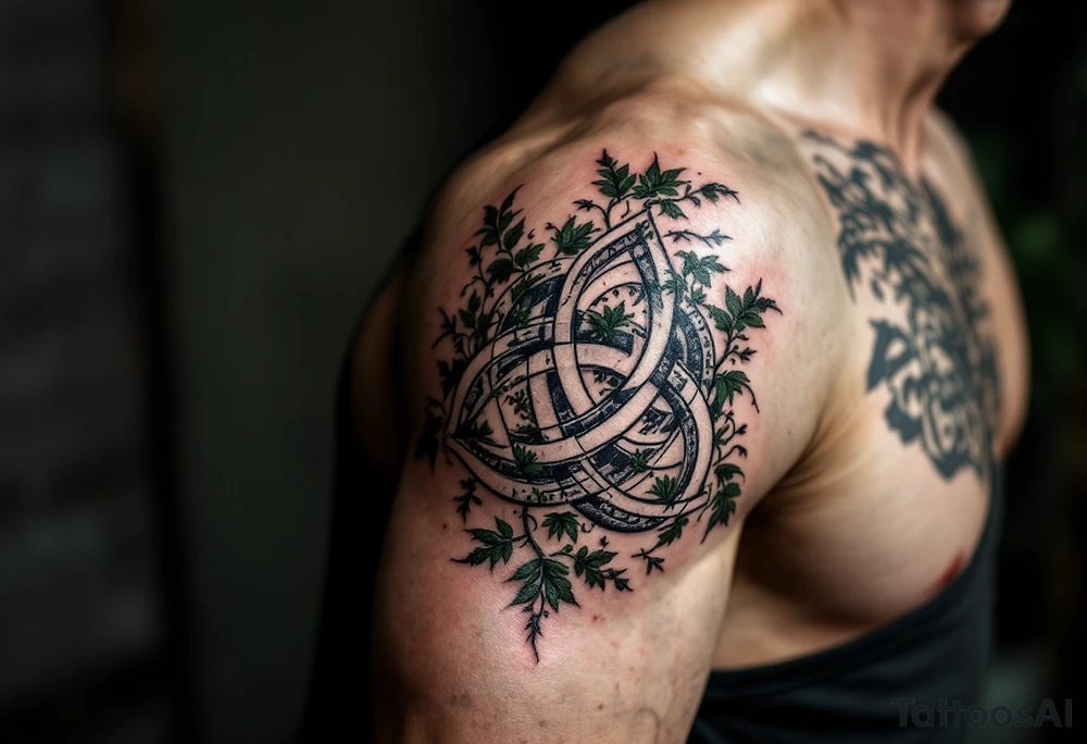 Celtic Trinity Knot with Stone Texture and Vines – A bold, interwoven Celtic triquetra (trinity knot), with fine moss and ivy vines wrapping through the loops. The design is textured like ancient granite, in stone gray, deep forest green, and subtle earthy brown tones. tattoo idea