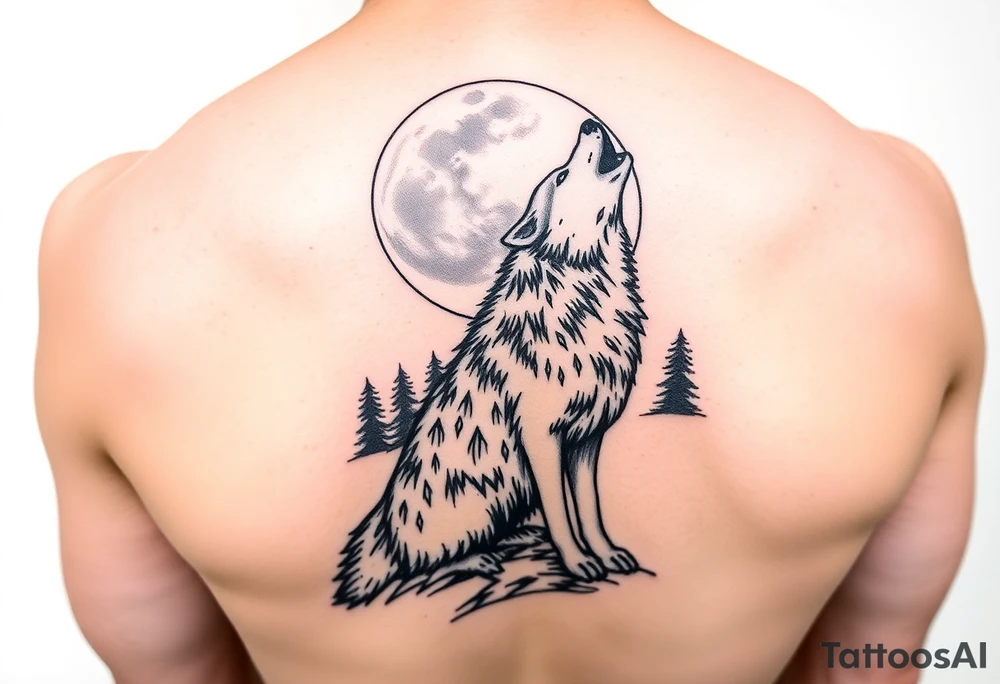 lone wolf howling at full moon with northern lights backdrop tattoo idea