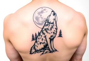 lone wolf howling at full moon with northern lights backdrop tattoo idea