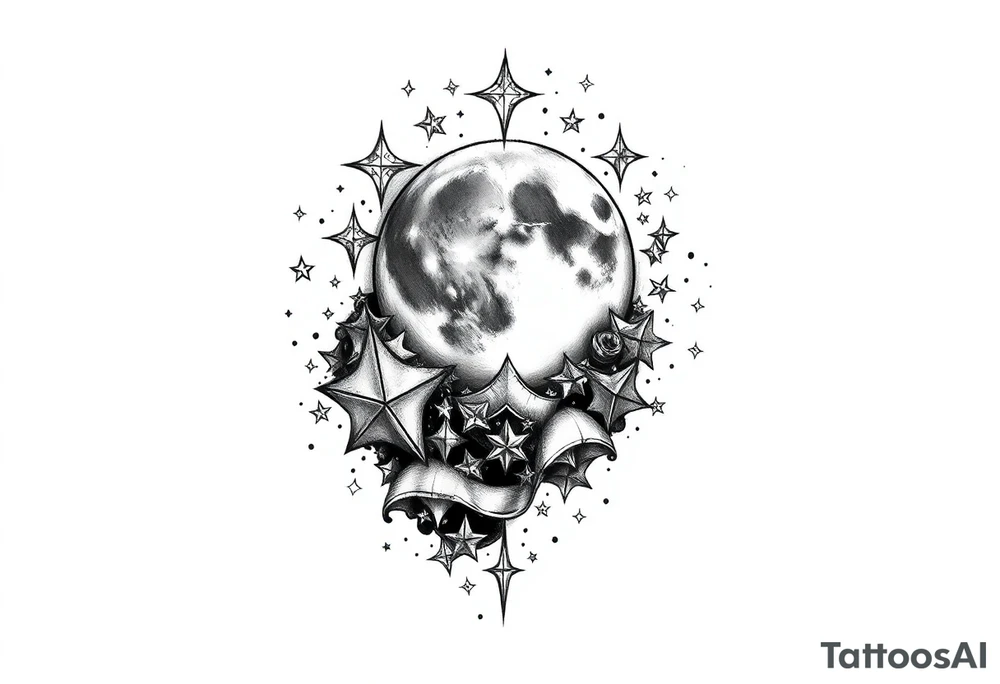 1x10^23 surrounded by cascade of stars and moon tattoo idea