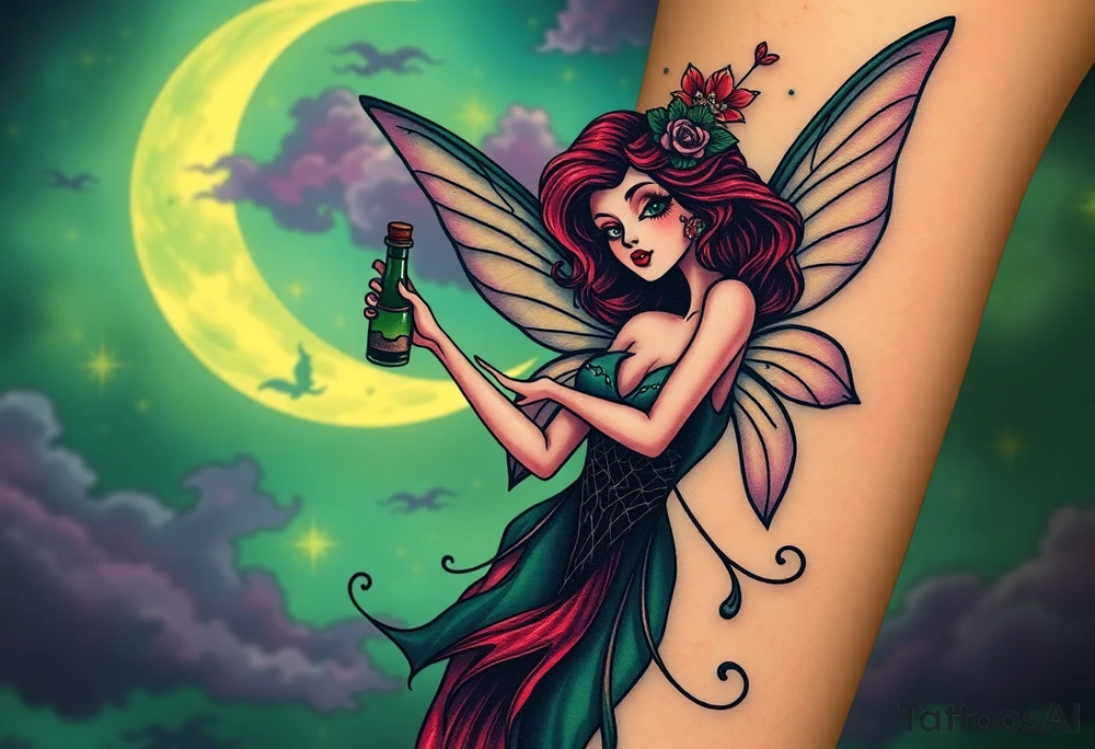 Tim Burton’s pin up style Vintage Parisian elegant and beautiful yet eerie full body absinthe Green Fairy dances outside her victorian crystal decatur absinthe bottle Absinthe Art Nouveau   and dripping with muted reds, dusty pinks, and eerie green glow.purple and cyan smokey clouds swirl in the crescent moonlit sky thats sprinkled with stars tattoo idea