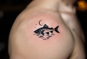 Night Catfish Silhouette – A quiet and mysterious tattoo featuring a black silhouette of a catfish under a crescent moon, with stars reflected in a rippling water surface. tattoo idea