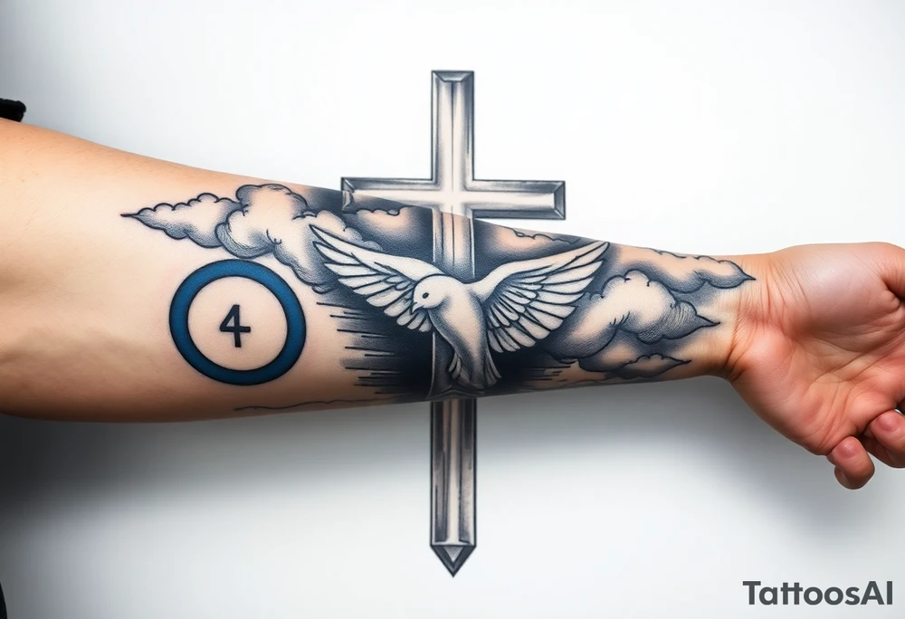 Big cross with clouds in the back everywhere  with a dove a the bottom left of the forearm with a blue circle ring it and the number 4 to the of the dove with whole tattoo covering the whole forearm and add fire and make sophisticated tattoo idea