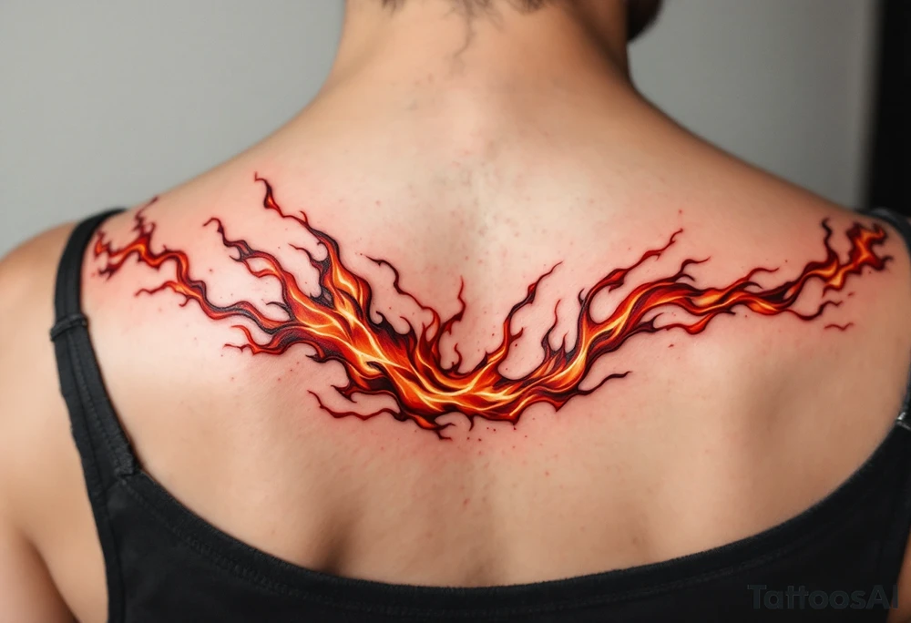 Matching red and orange flame tattoo on each shoulders. tattoo idea