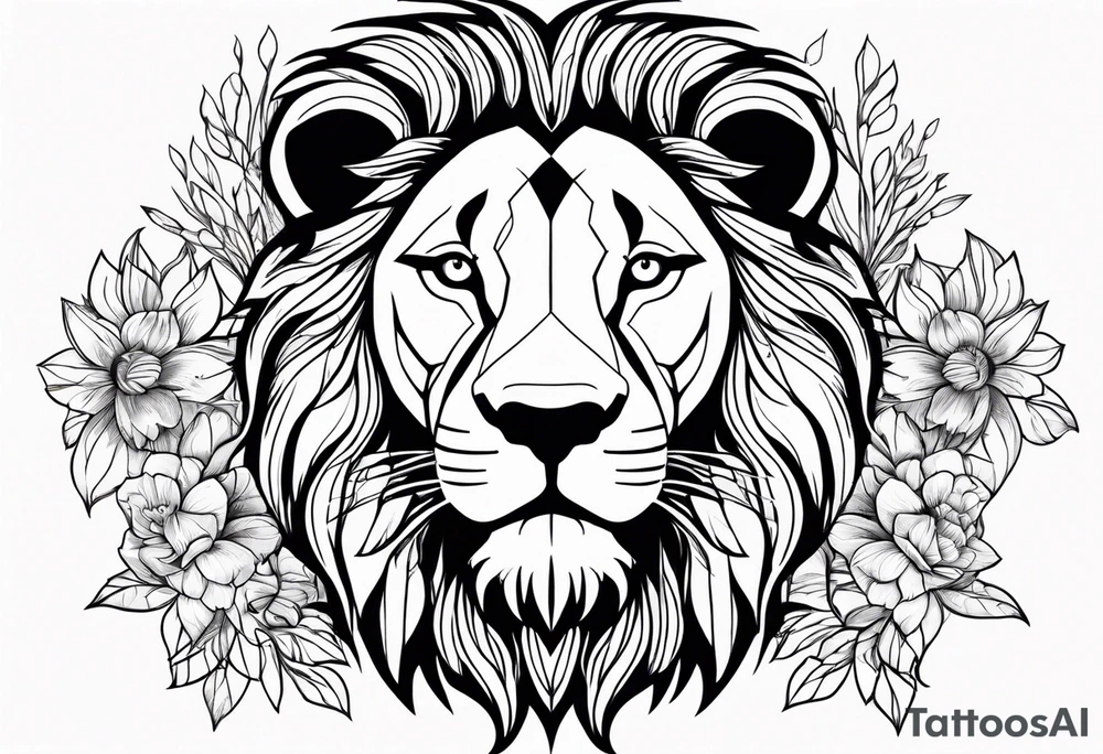 Lion with flowers around tattoo idea