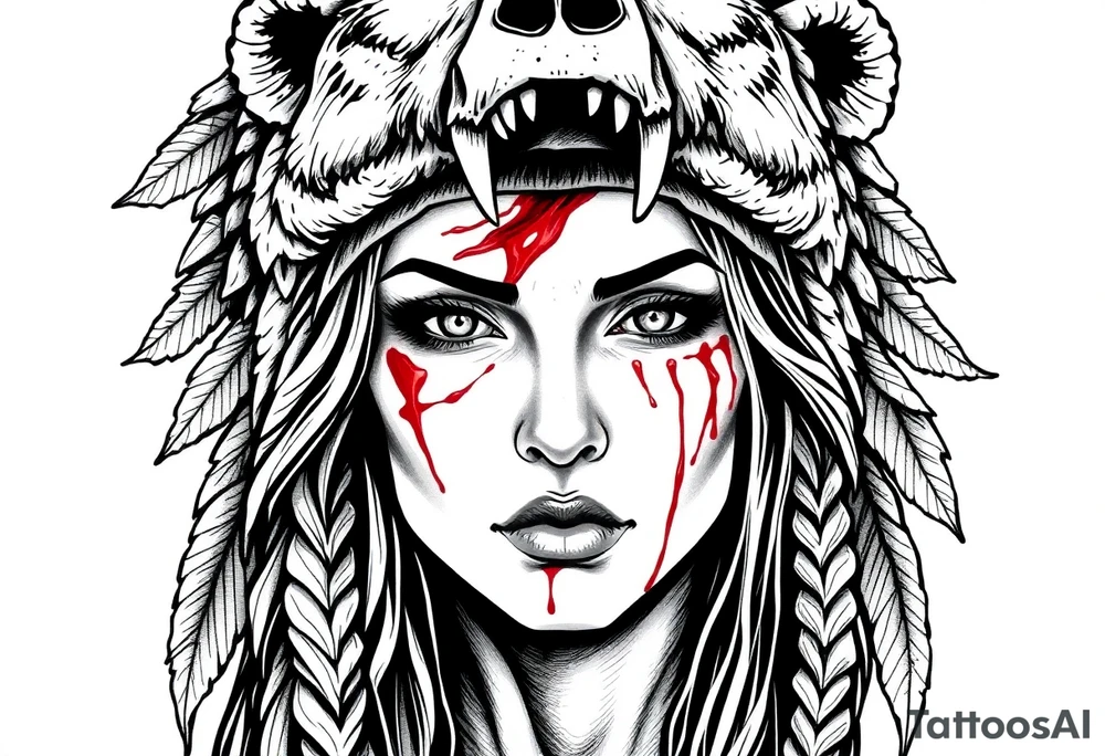 Beautiful Woman with battle scars and blood on face wearing dead bear headdress on head tattoo idea