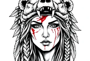 Beautiful Woman with battle scars and blood on face wearing dead bear headdress on head tattoo idea