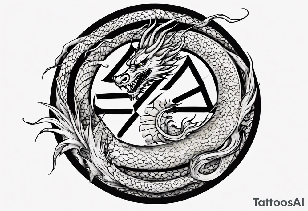 Chinese dragon in a circular shape with "02.03" written on its skin tattoo idea