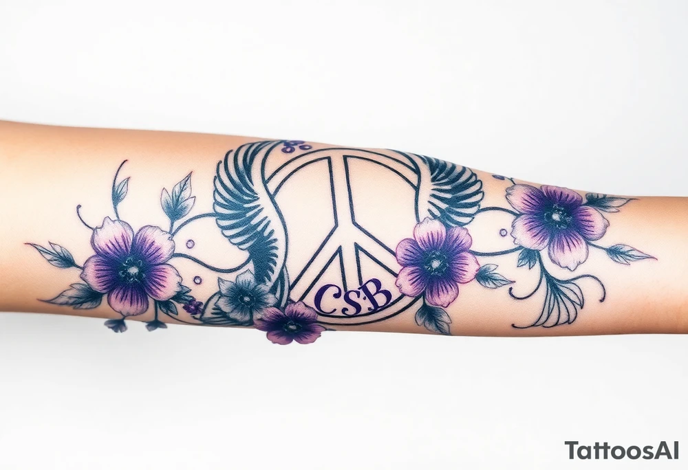 Full tattoo peace symbol, dog prints, Pisces symbol, intertwined with violets, amethyst, initials csb in cursive font tattoo idea