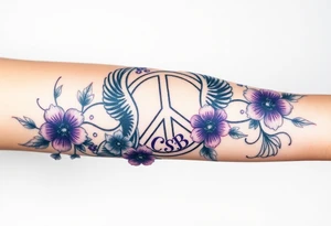 Full tattoo peace symbol, dog prints, Pisces symbol, intertwined with violets, amethyst, initials csb in cursive font tattoo idea
