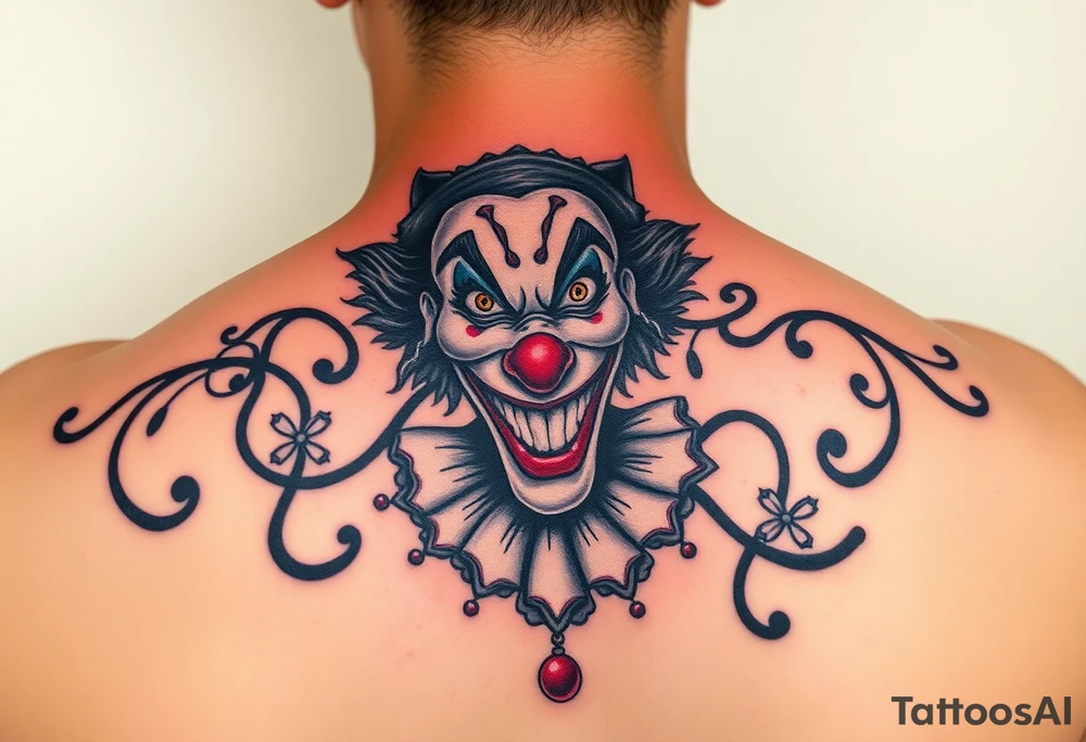 jester clown behind female jester making her smile tattoo idea