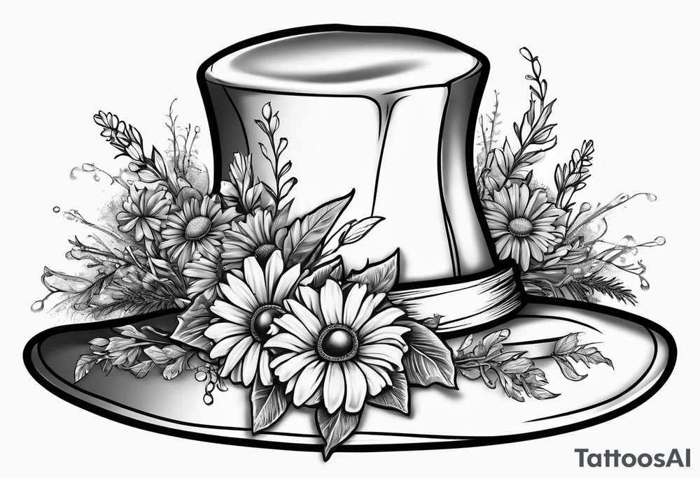 A witch hat tattoo with two ribbons coming down to form a loose bow and daisies and lavender adorning the brim tattoo idea