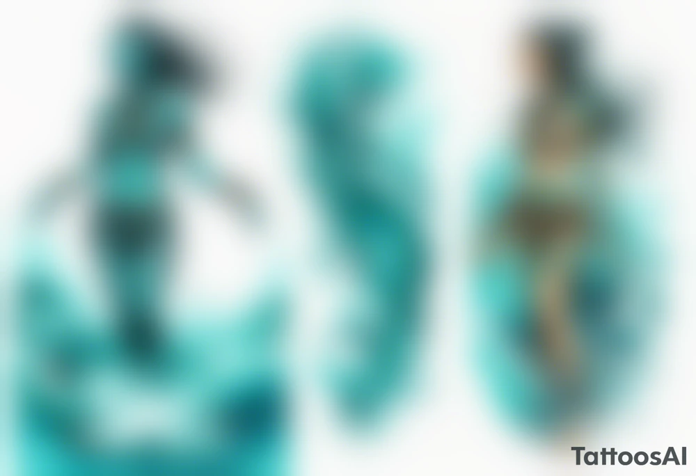 a turquoise Na'vi woman standing in the sea with water for legs surrounded by crashing waves tattoo idea