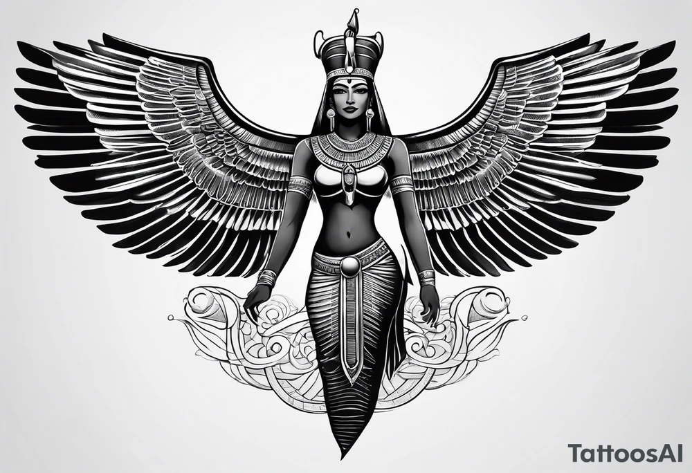 black and white Egyptian goddess Isis tattoo idea