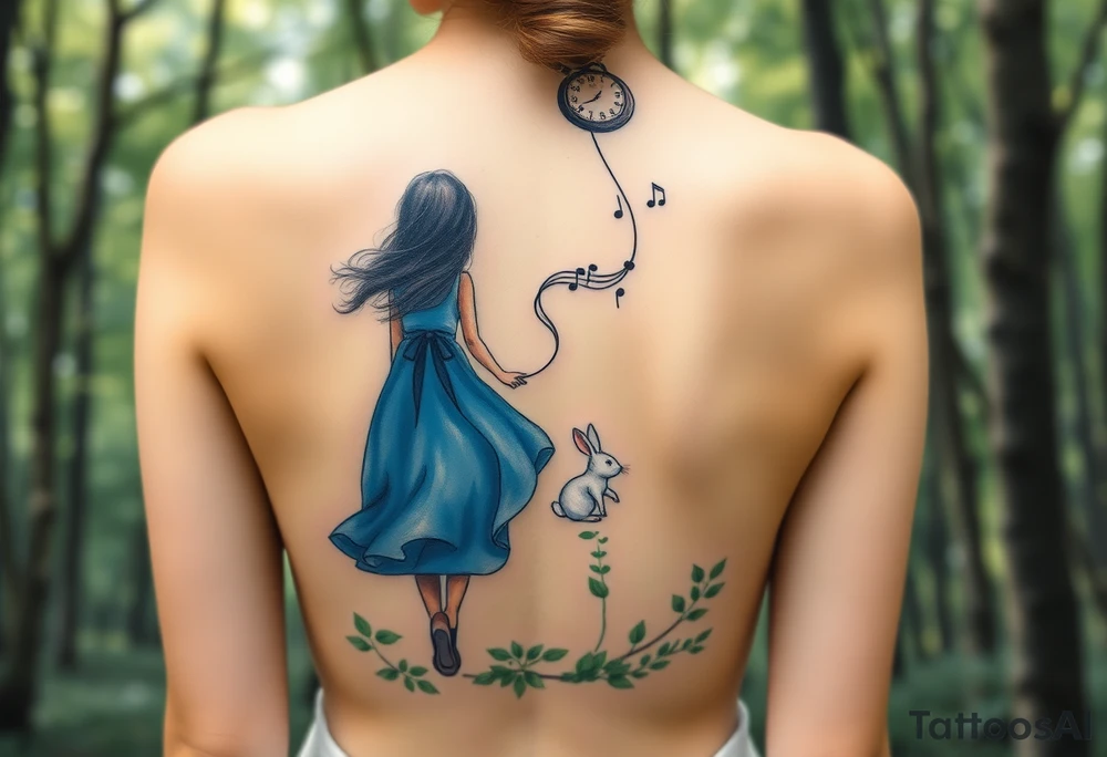 Back view of a girl in a blue dress walking in a forest following a small white rabbit. A swril with music notes. A pocket watch on top of the scene, falling amongst the trees tattoo idea