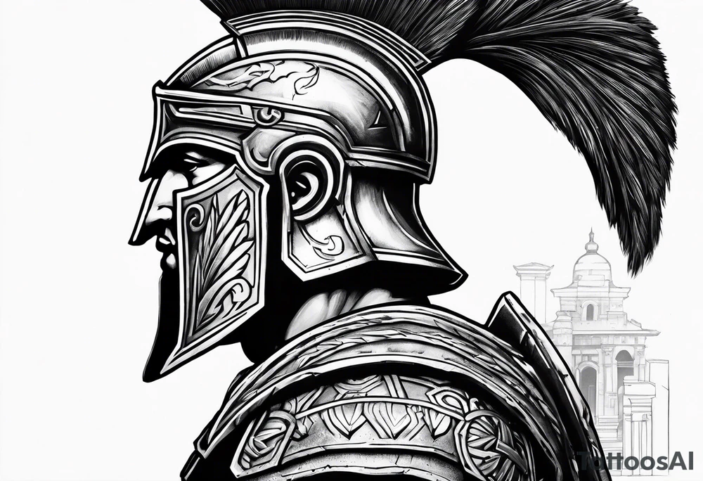 Side profile Spartan Solider ancient roman city far away tattoo idea