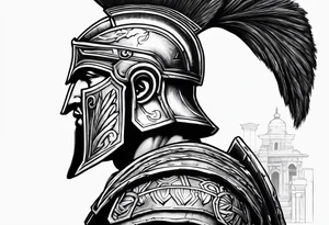Side profile Spartan Solider ancient roman city far away tattoo idea