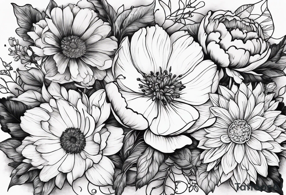 peony, calendula, sunflower, tulip, cherry blossom and ginko leaf tattoo idea