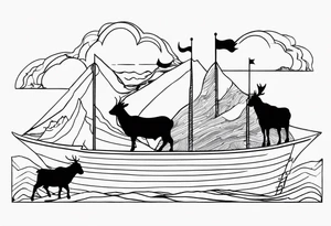 A badger, a goat and a reindeer on an ark inside the outlines of Map of Mallorca tattoo idea