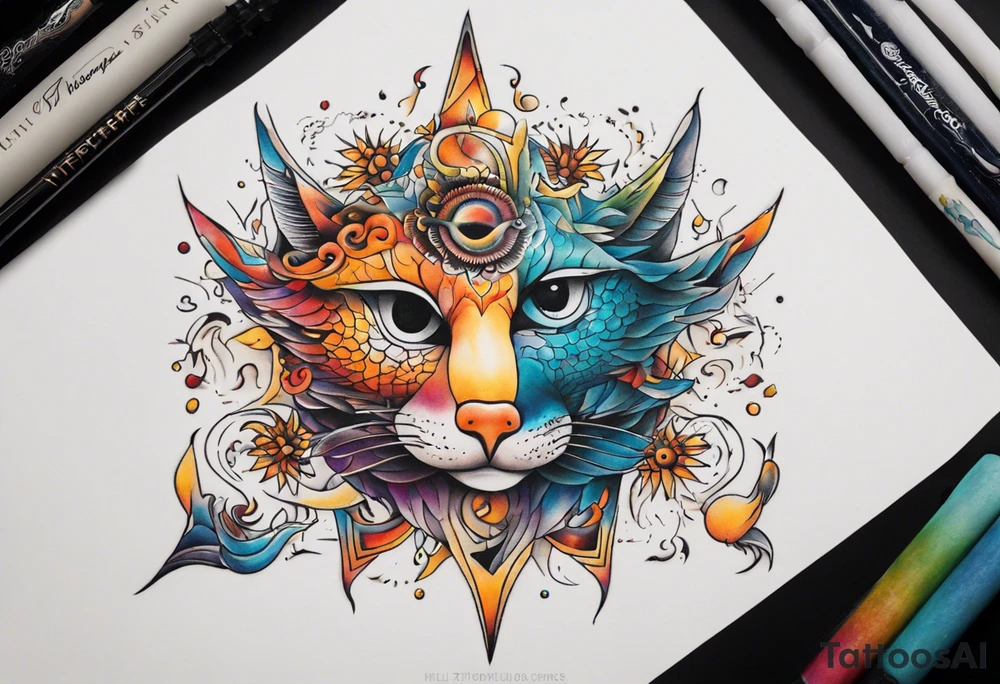 fisch, fuchs und eule , symetrie  sonne, universum, bunt tattoo idea