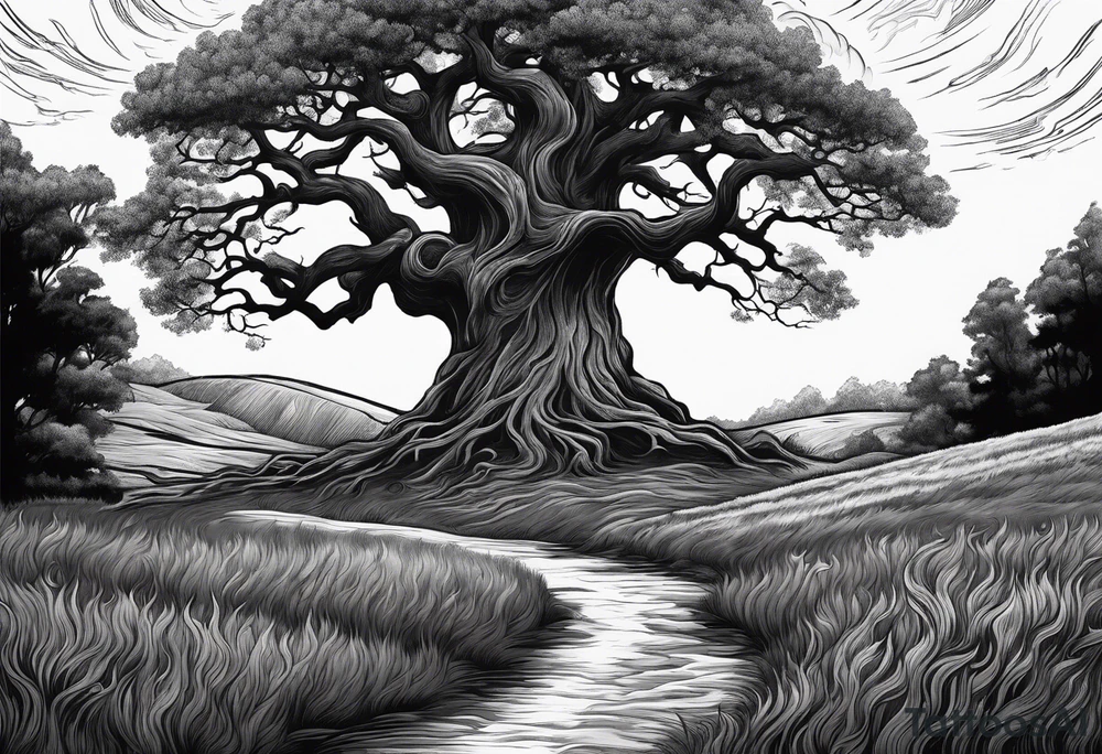 enormous old tree standing in the middle of a field engulfed in flames tattoo idea