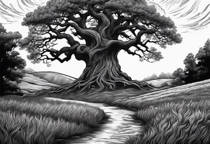 enormous old tree standing in the middle of a field engulfed in flames tattoo idea