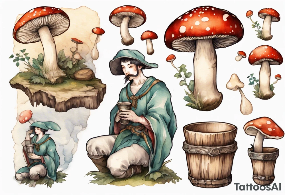 mushroom wearing a medieval tunic drinking from a wood cup tattoo idea