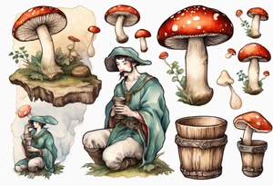 mushroom wearing a medieval tunic drinking from a wood cup tattoo idea
