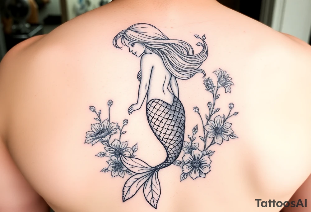 ethereal mermaid with flowing hair among coral and sea flowers tattoo idea