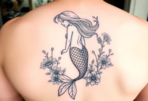 ethereal mermaid with flowing hair among coral and sea flowers tattoo idea