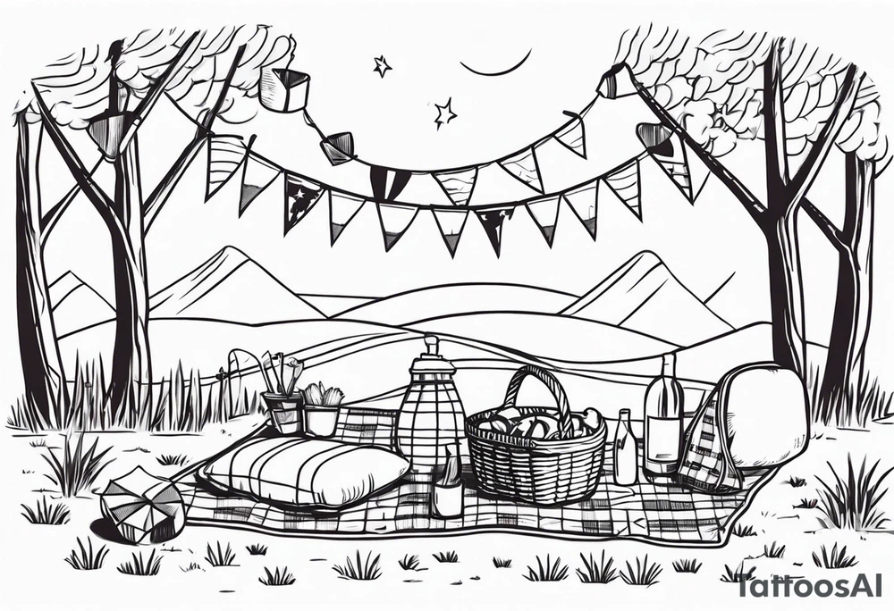 picnic scene with a sheckers blanket, basket, pillows and party pennants. Thin lines. tattoo idea