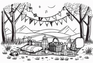 picnic scene with a sheckers blanket, basket, pillows and party pennants. Thin lines. tattoo idea