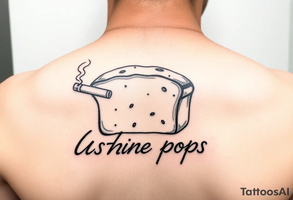 A loaf of bread smoking a cigarette with ashtray  pops written tattoo idea