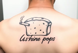 A loaf of bread smoking a cigarette with ashtray  pops written tattoo idea
