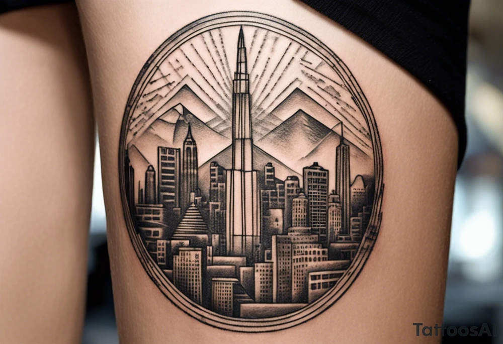 Create a visually dynamic tattoo that seamlessly blends the timeless elegance of the three Pyramids of Giza with the modern allure of the Manhattan skyline. Envision the pyramids standing majestically, perhaps incorporating subtle Egyptian motifs like hieroglyphs or an ankh, transitioning smoothly into the iconic structures of New York, such as the Empire State Building and One World Trade Center. tattoo idea