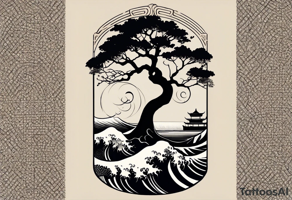 A tattoo of an abstract Tree of Life tattoo to be placed directly on the bicep of a woman. It can wrap around the arm a little. It should have roots growing out of the bottom. The roots slowly turn into water from the Great Wave by Hokusai. A golf flag should be placed discreetly growing out of the ground. 2 license plate tags should be hanging from the tree. Place a few music notes in the areas the leaves should be. The letters A U should be engraving into the tree trunk in a heart. Not inside a circle. The overall shape of the tattoo should be organic. Black and white only. tattoo idea