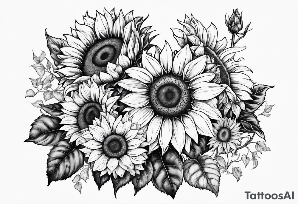 Multiple species of sunflowers outline tattoo idea