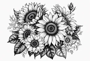 Multiple species of sunflowers outline tattoo idea