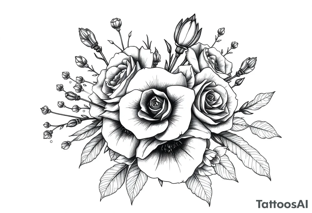 vintage bouquet of wild roses and meadow flowers with morning dew tattoo idea