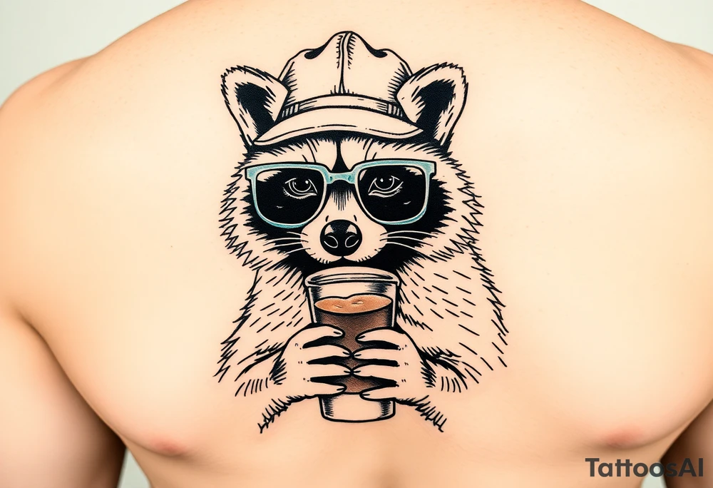 Full body Raccoon with thick square glasses,trucker hat, and iced coffee tattoo idea