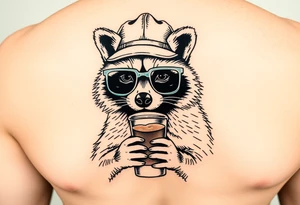 Full body Raccoon with thick square glasses,trucker hat, and iced coffee tattoo idea