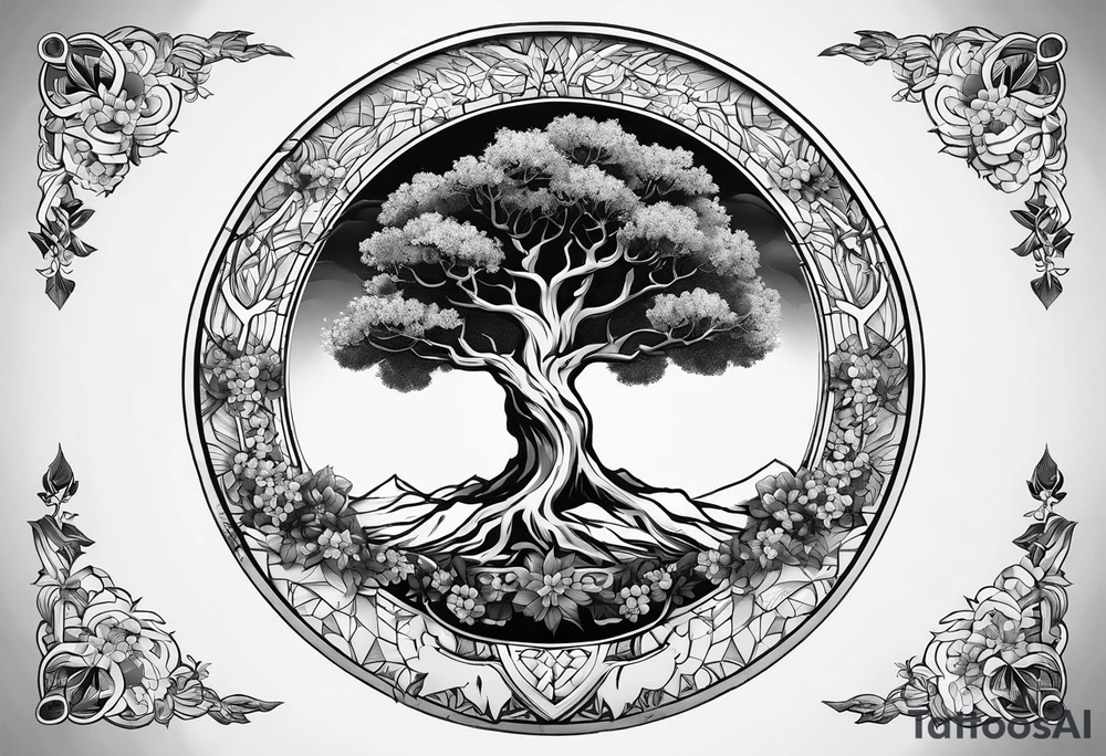 yggdrasil, five or six cherry tree flower on the upper left, the logo of tommorowland, and on the background a geometrical shape tattoo idea