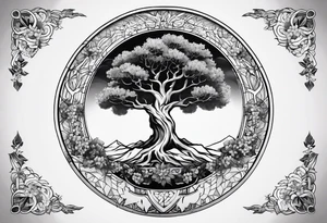 yggdrasil, five or six cherry tree flower on the upper left, the logo of tommorowland, and on the background a geometrical shape tattoo idea