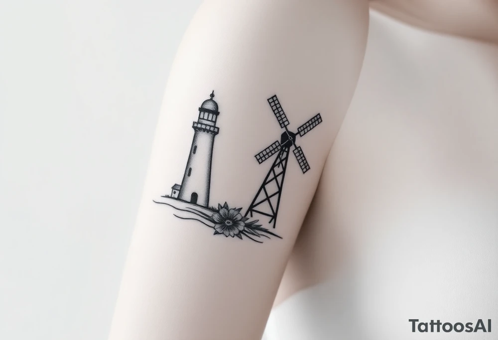 Create imagine with one half of a lighthouse and one half of a farm windmill tattoo idea