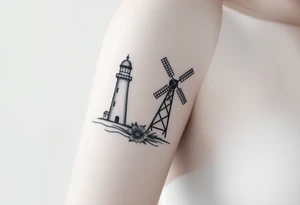 Create imagine with one half of a lighthouse and one half of a farm windmill tattoo idea