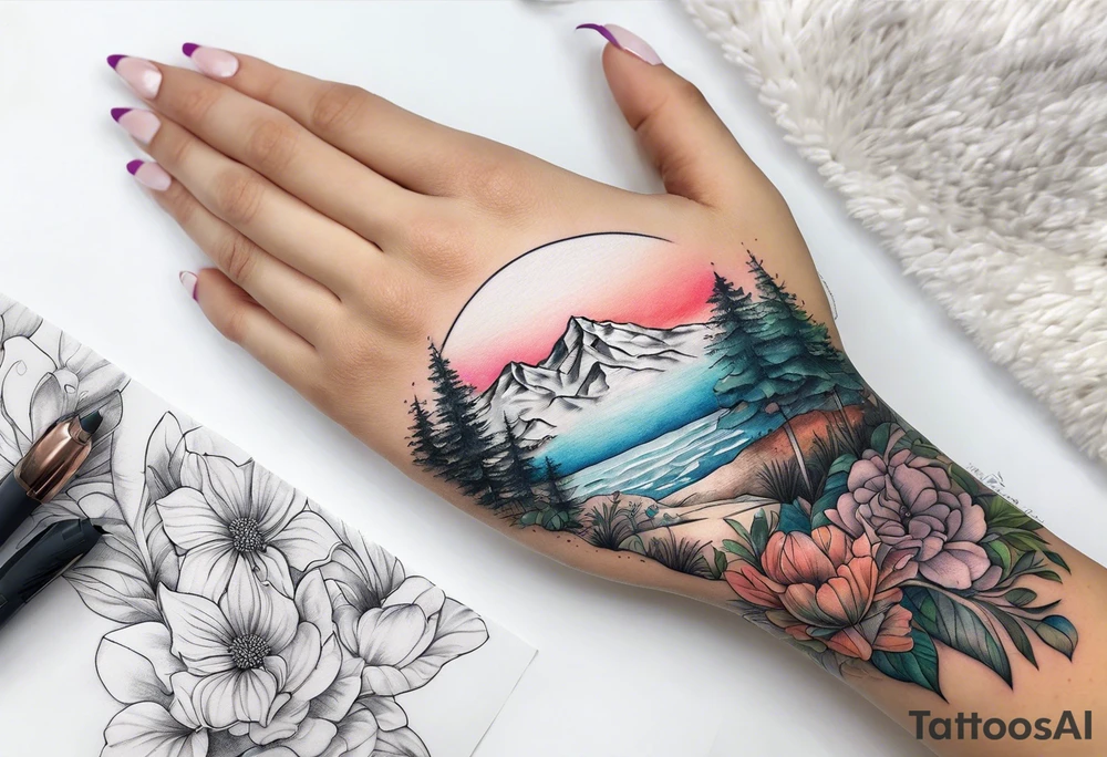 hand sleeve tatto flower beach mountain tattoo idea