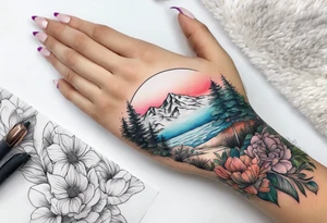 hand sleeve tatto flower beach mountain tattoo idea