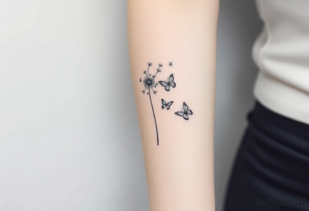 a dandelion and two (2) minimalistic butterflies flying around it (one smaller than the other tattoo idea