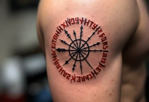 A bold black Rodovik (Family Sign) in a circle of red runes, honoring ancestral roots and family legacy. tattoo idea